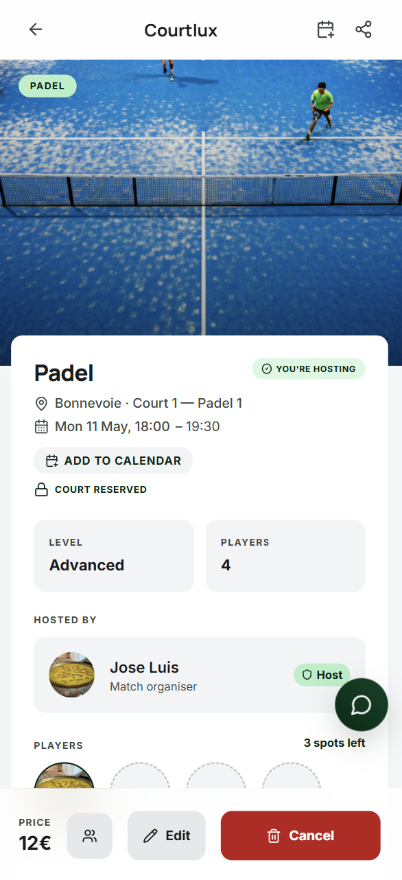 Match detail page with players, court and add to calendar