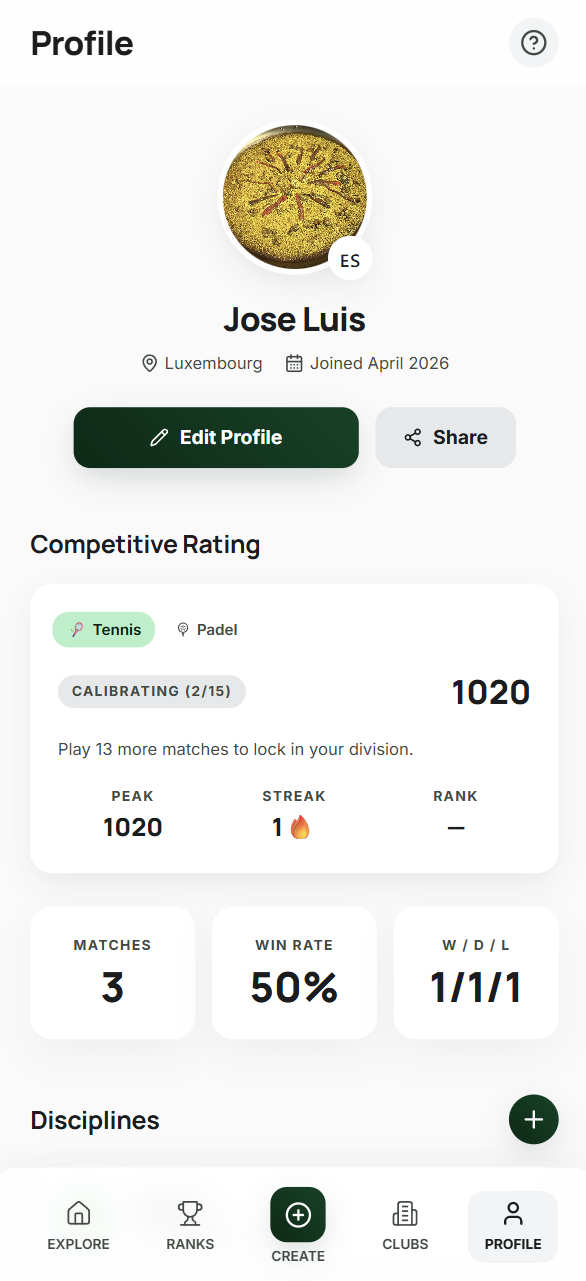 Player profile with competitive rating, peak and streak